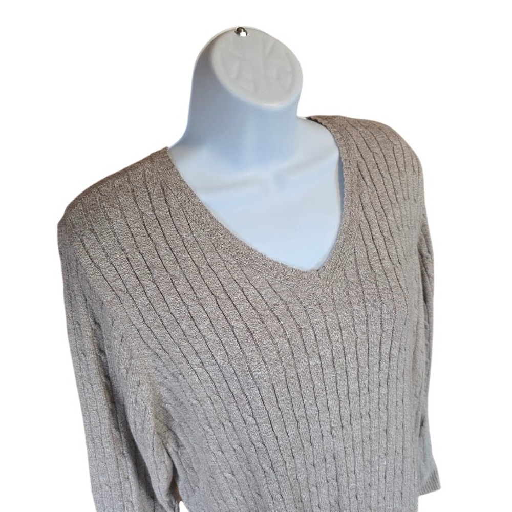 Croft & Barrow V-Neck Sweater Womens Large Taupe Marled Cable Knit Classic‎ Cozy
